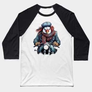 chicken wearing a jackets hat and a scarf on a motorcycle Baseball T-Shirt